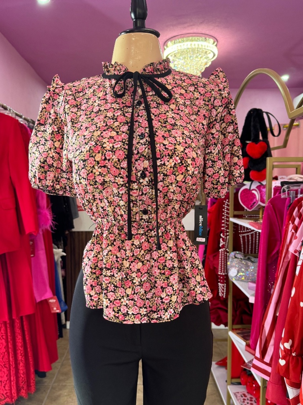 🌸 Floral Ruffle Blouse ✨ Pink & Black Coquette Top w/ Bow Detail 💖